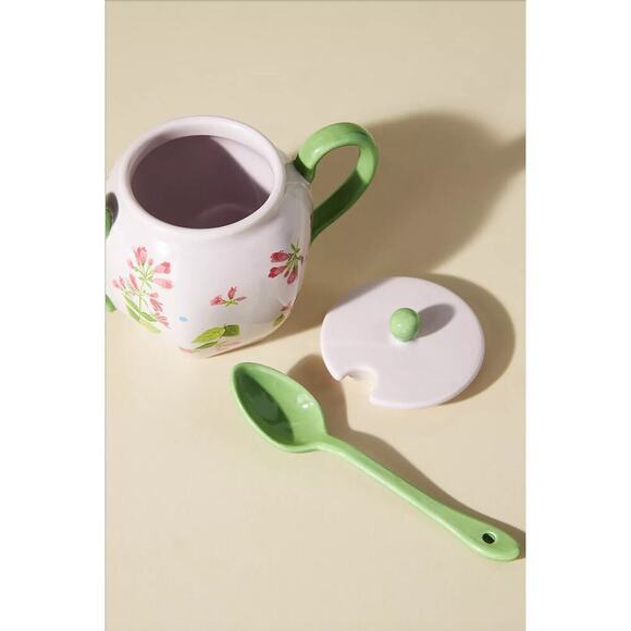 Anthropologie Sugar Bowl Pink Floral Handpainted Stoneware "Pia" Rare New In Box - Picture 9 of 14